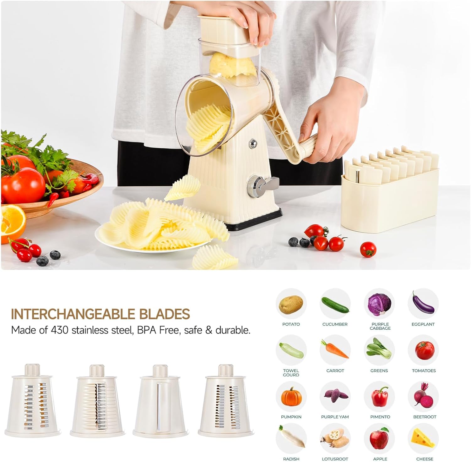 Rotary CheeseGrater, Vegetable Shredder 5 in 1