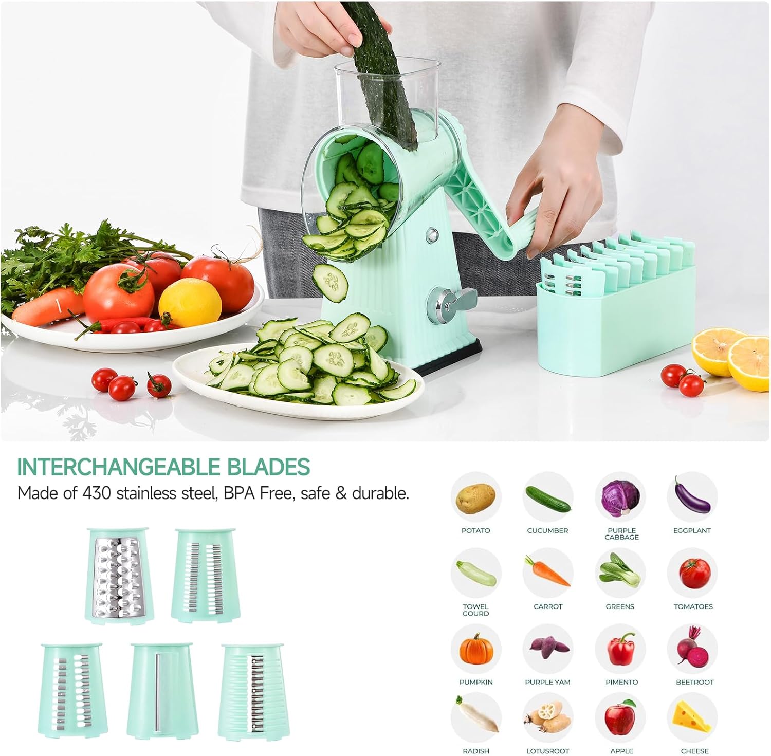 Rotary CheeseGrater, Vegetable Shredder 5 in 1